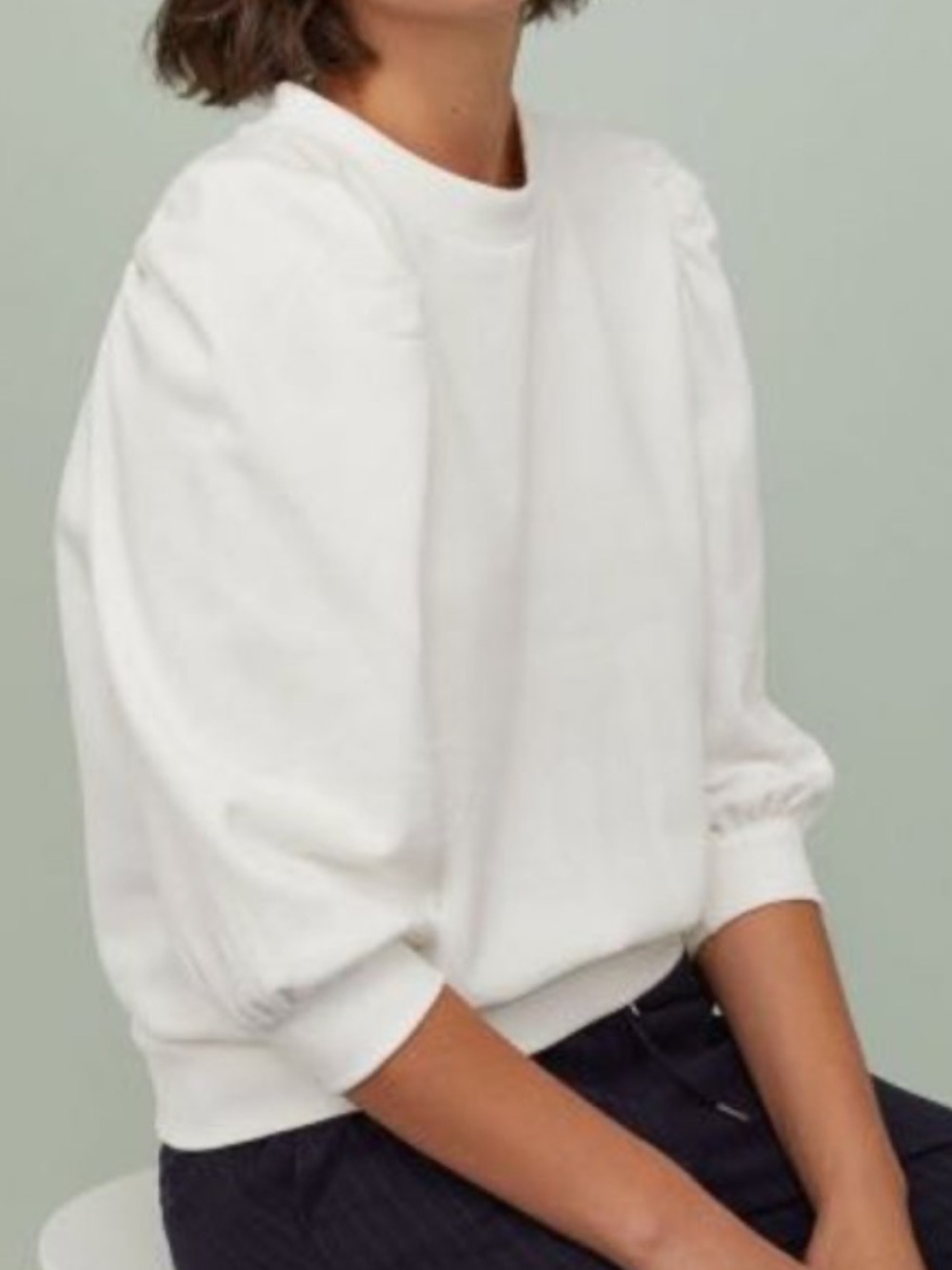H&M White Crewneck Puff-Sleeve Sweater